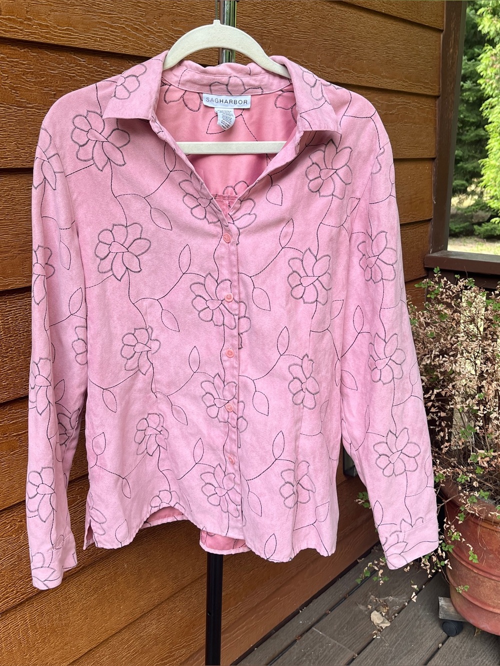 Sag Harbor Pink Embroidered Floral Faux Suede Button Up Long Sleeve Women Large